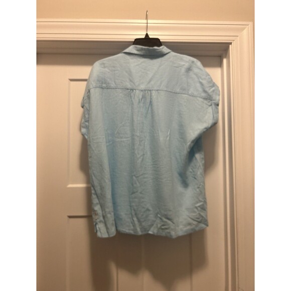 Orvis Women's Size Large Blue Linen Blend Button Short Sleeve Top Cap Sleeves - Picture 7 of 7
